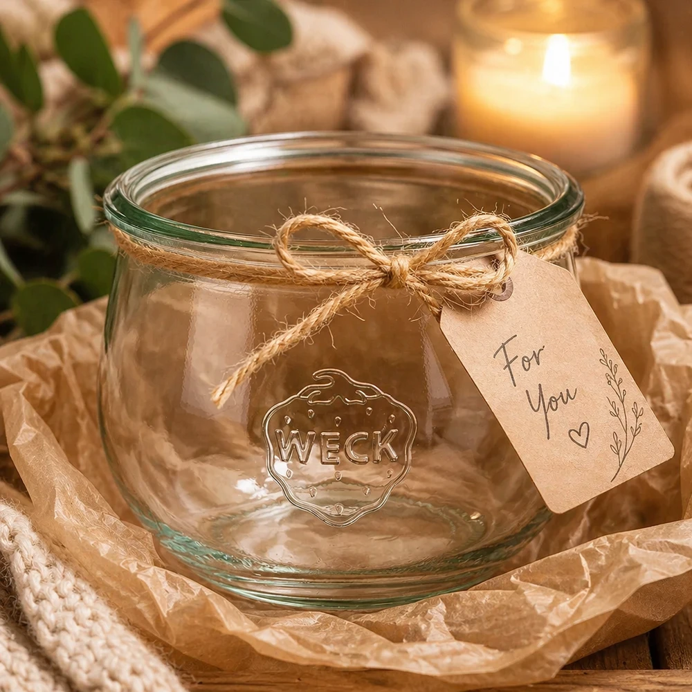Vaso WECK tulipano 580ml RR100 con etichetta regalo e cordoncino di iuta su tavolo di legno con candela e decorazioni