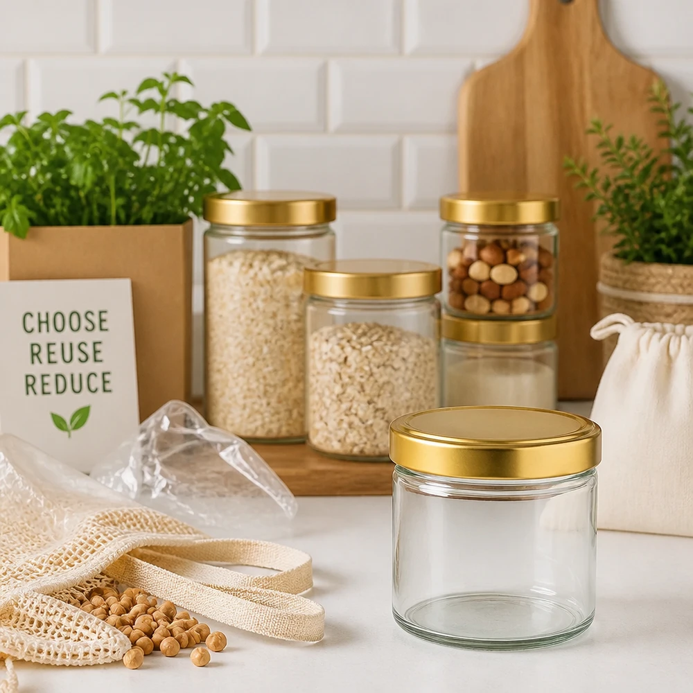 Barattolo cilindrico da 230 ml con coperchio dorato in cucina sostenibile a spreco zero tra barattoli e prodotti ecologici
