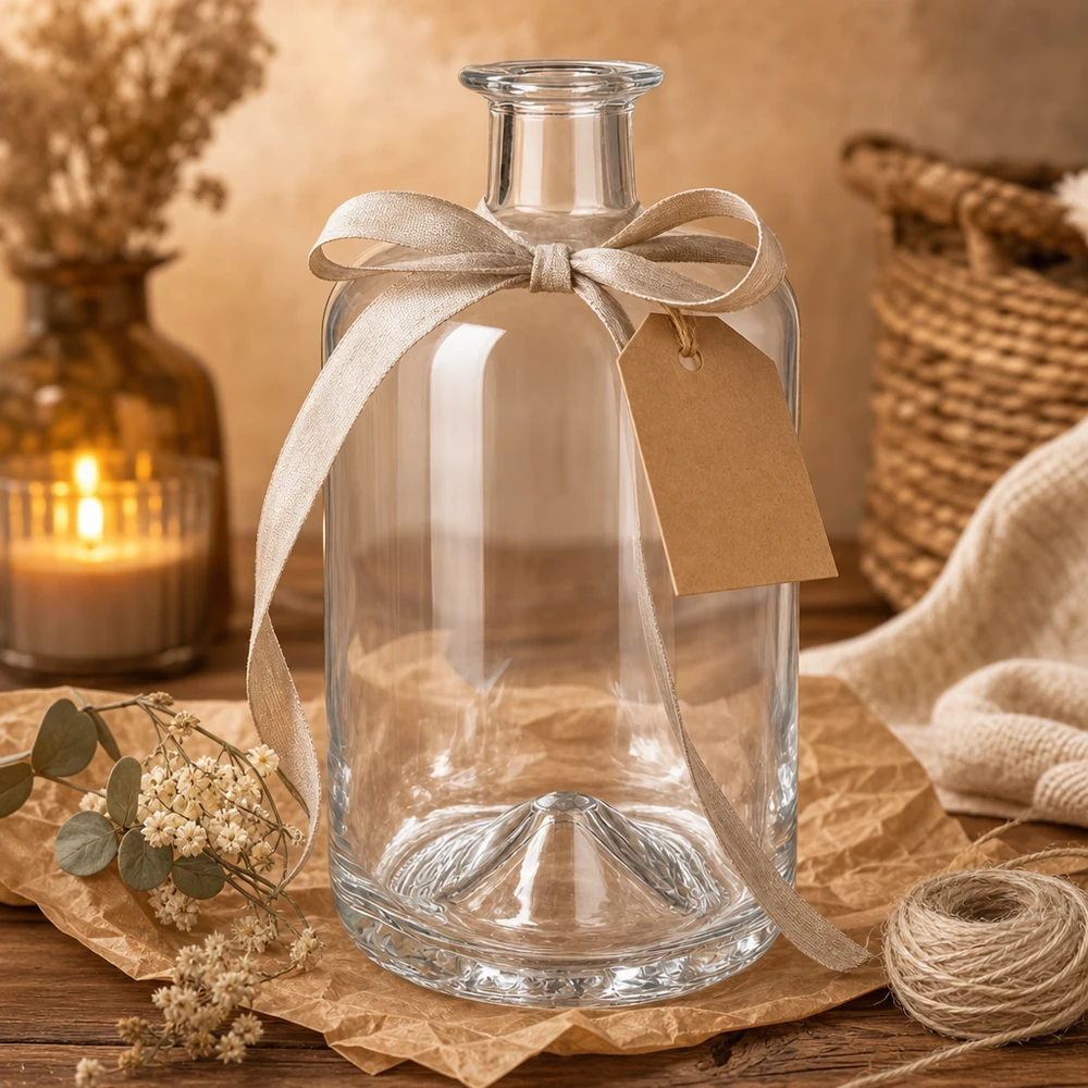 Flacone farmaceutico da 700 ml Sofia senza tappo UNiTWIST® Bottiglia in vetro da 700 ml Sofia vuota con fiocco decorativo e targhetta regalo in un ambiente accogliente