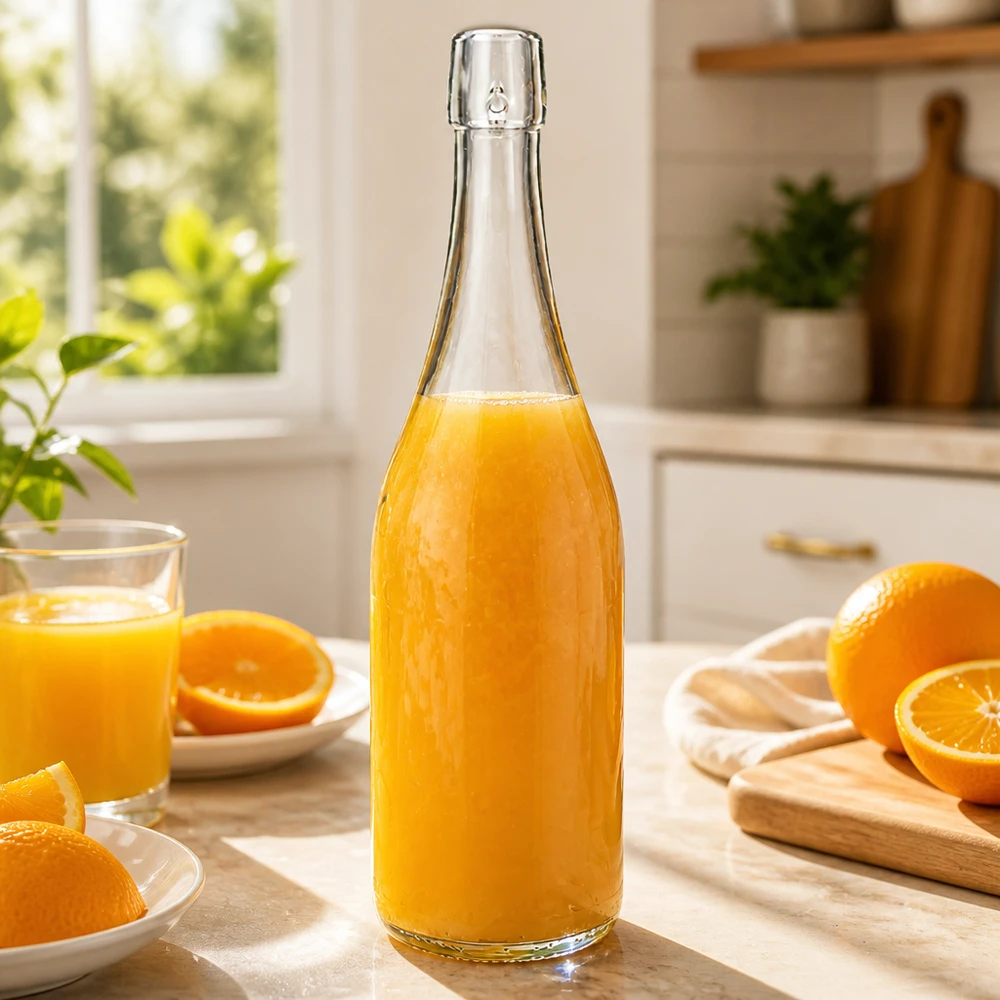 Bottiglia di vetro UNiTWIST da 750 ml riempita di succo d'arancia fresco colazione leggera da cucina vitamina C sana nutrizione