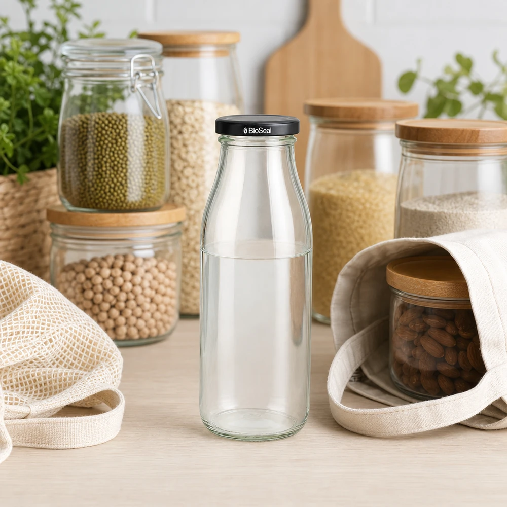Bottiglia di vetro da 500 ml + coperchio BioSeal nero UN.. Bottiglia in vetro da 500 ml con coperchio nero BioSeal in un ambiente di cucina sostenibile con barattoli di stoccaggio e sacchetti di juta