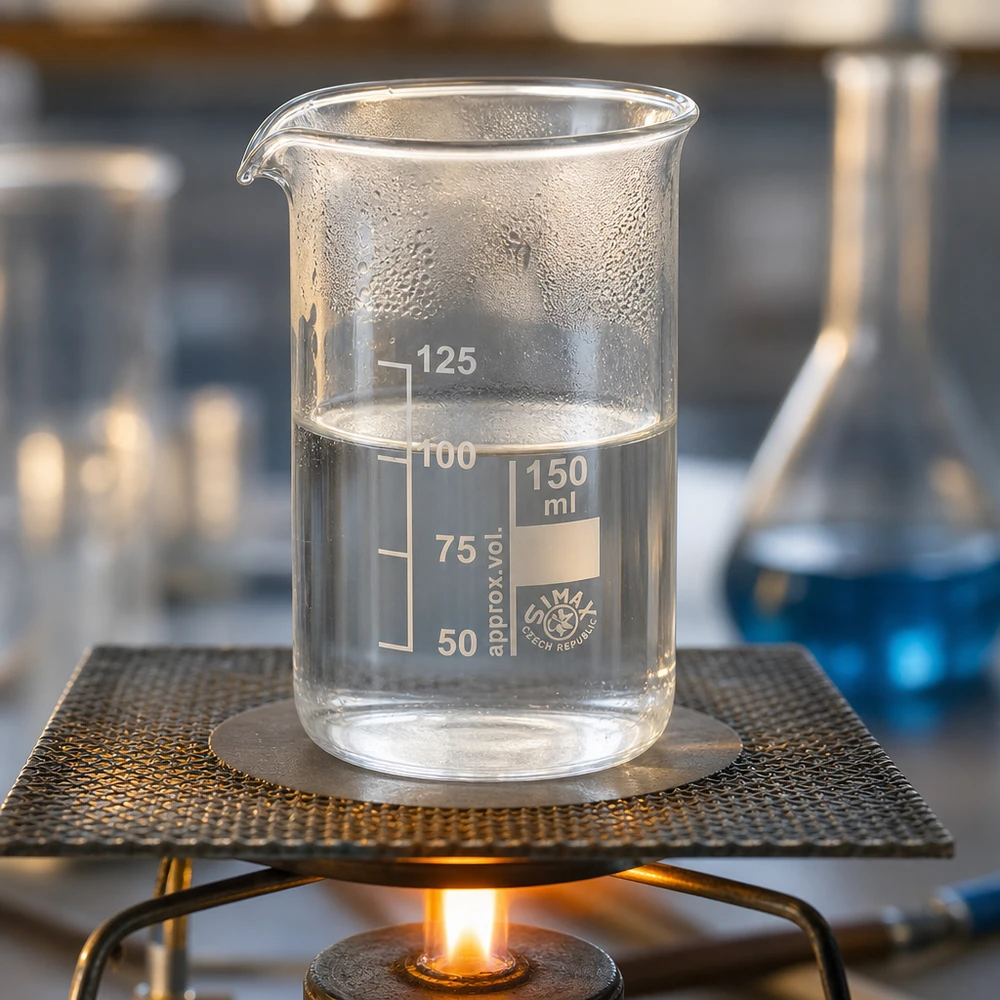 Bicchiere in vetro borosilicato da 150 ml, forma alta Becher da 150 ml, di forma alta, riscaldato su un becco Bunsen con un liquido trasparente in laboratorio