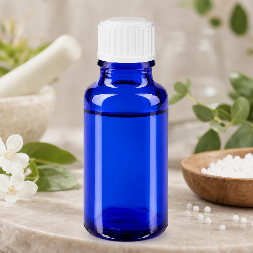 20ml blu apofl. SV STD bianco/11mm ApoGlas Flacone di vetro da 20 ml blu cobalto con tappo a vite bianco accanto a un mortaio e a granuli omeopatici