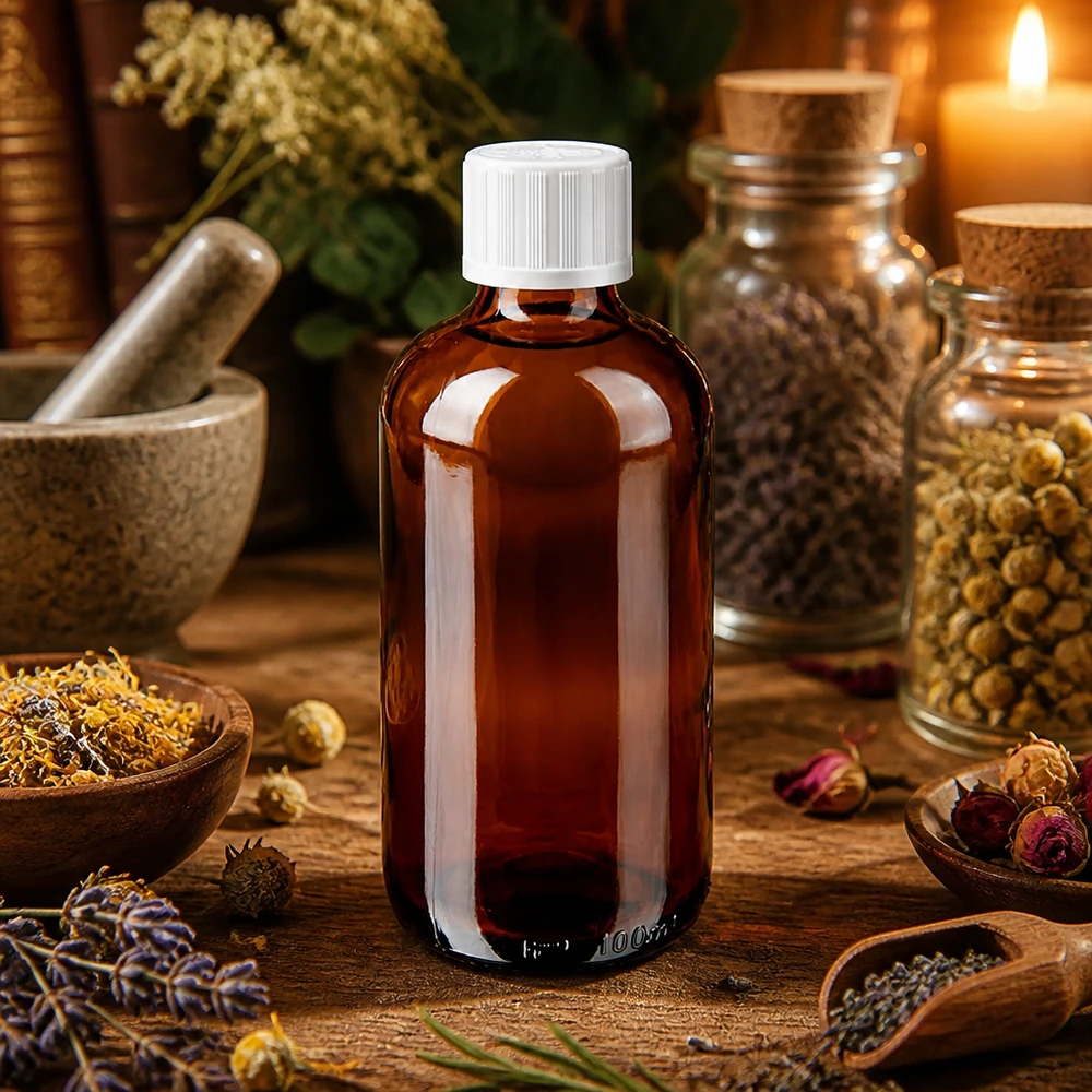 Piccolo flacone da farmacia marrone da 100 ml con tappo bianco KiSi circondato da erbe medicinali essiccate
