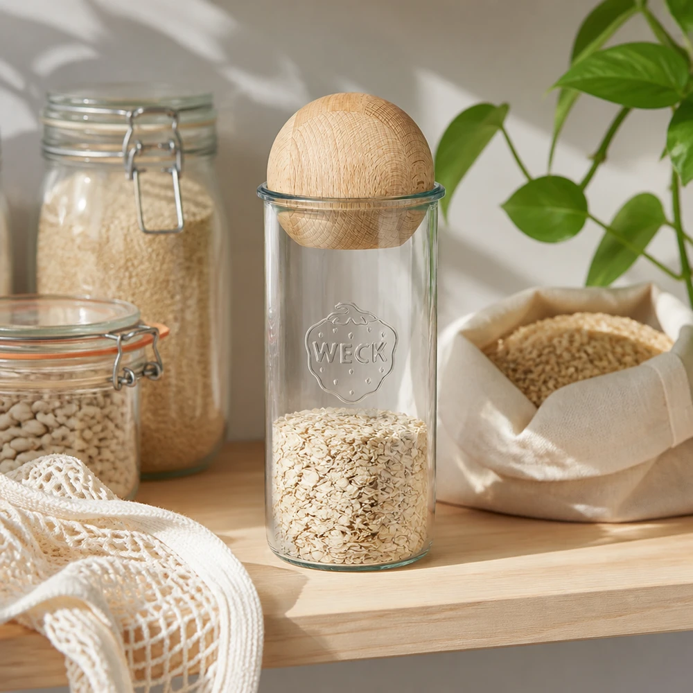 Bicchieri da 1500ml WECK RR100 con sfera in legno di faggio WECK RR100 Barattolo da 1500 ml riempito con fiocchi d'avena, coperchio in legno di faggio a sfera, contenitore da cucina a spreco zero