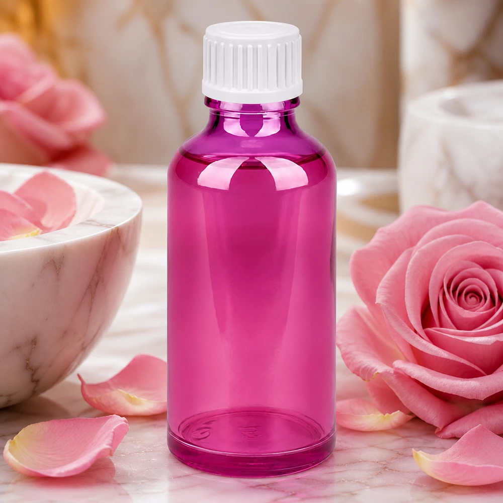 Flacone da 50 ml (globuli) con anello versatore da 3 mm bianco Standard PurpleLine. UT18/50 Flacone in vetro soffiato a bocca da 50 ml con elegante design viola per prodotti cosmetici di alta qualità