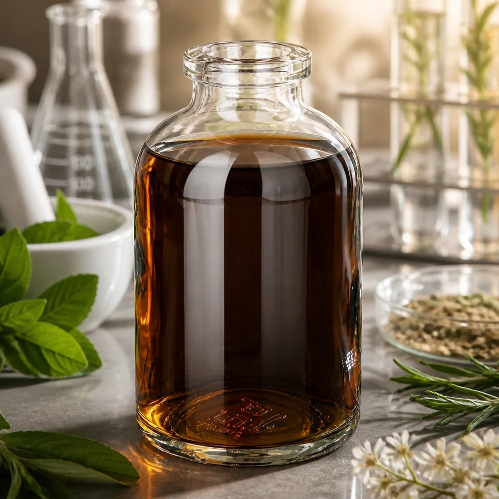 Flacone per iniezione in vetro trasparente 50ml Kompakte Injektionsflasche 50ml aus Klarglas mit amber Naturstoffextrakt und Laborausstattung