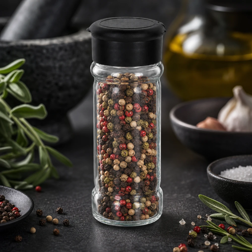 Spargispezie in vetro trasparente da 100 ml con coperchio nero, riempito con una miscela di pepe colorato, su un piano di lavoro scuro