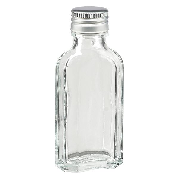 50 ml Meplat trasparente con tappo in alluminio argento PP22 50 ml Meplat trasparente con tappo in alluminio argento PP22