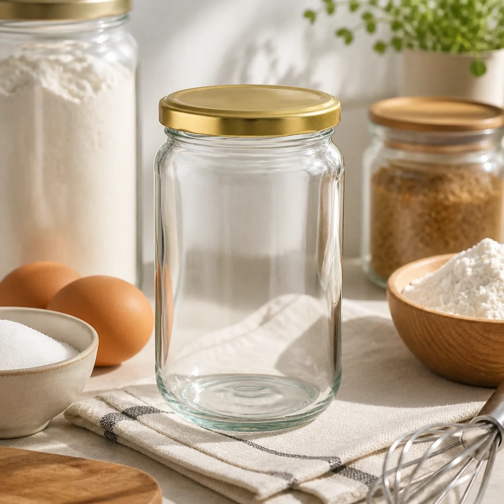 Barattolo rotondo da 305 ml con coperchio BasicSeal oro UNiTWIST 305ml Rundglas UNiTWIST mit goldnem Deckel in moderner Küche - perfekt zum Backen und Kochen mit Eiern und Mehl