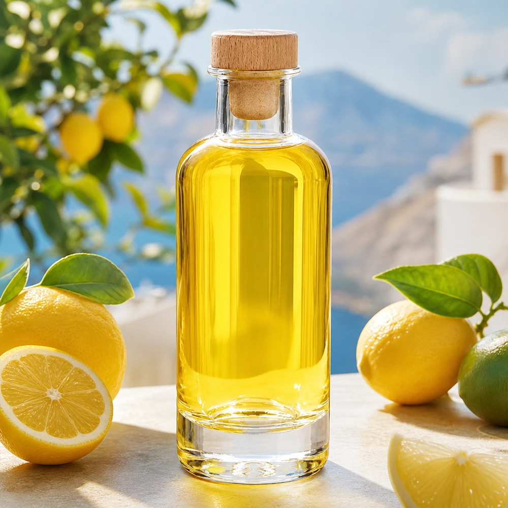 Bottiglia in vetro da 200 ml Ella con tappo in sughero con impugnatura in legno UNiTWIST® Bottiglia di vetro Ella da 200 ml con tappo in legno, riempita di olio giallo e circondata da limoni freschi in un ambiente mediterraneo.