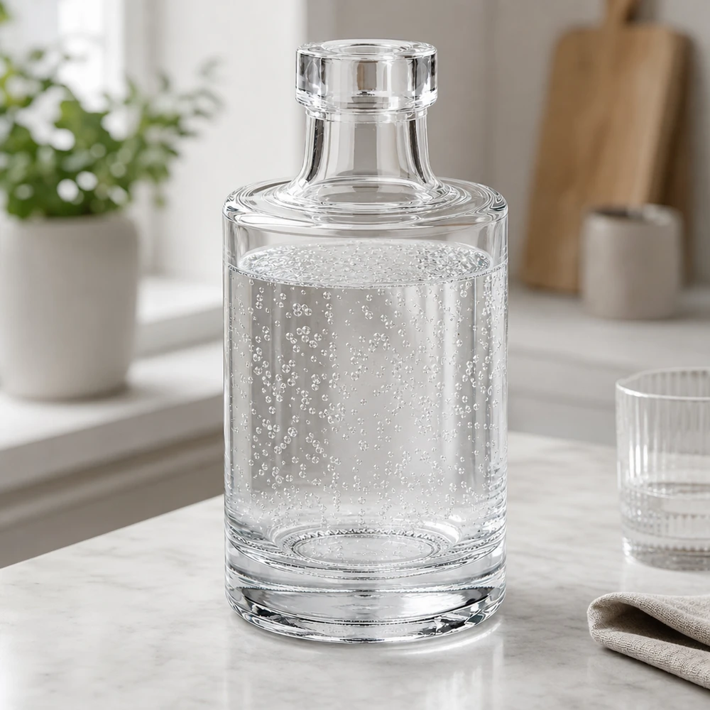 Bottiglia in vetro da 100 ml Marie senza tappo UNiTWIST® Bottiglia in vetro da 100 ml Marie con acqua limpida e bollicine gassate in un elegante ambiente da cucina con coperchio in vetro