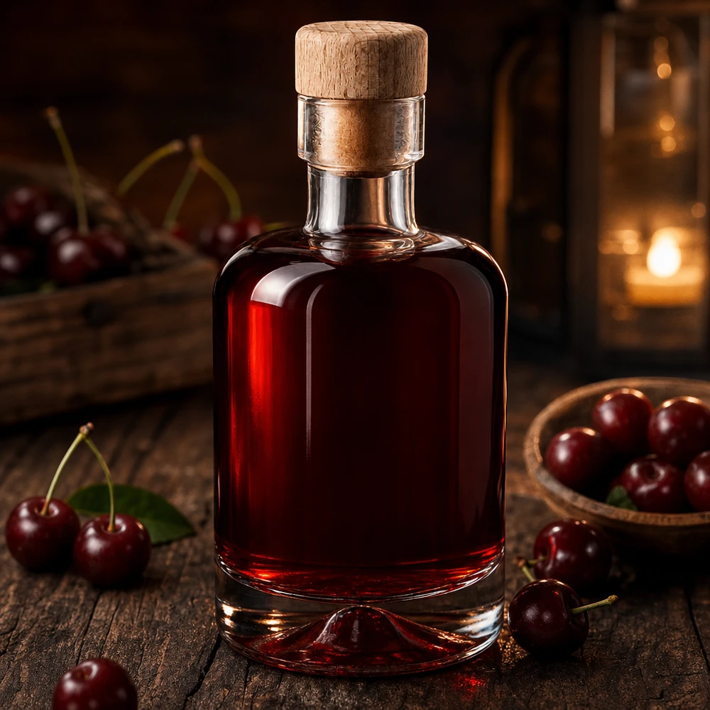 Bottiglia di vetro da 50 ml di Amelie riempita con liquore di ciliegie rosso scuro tra ciliegie fresche disposte in modo rustico su legno
