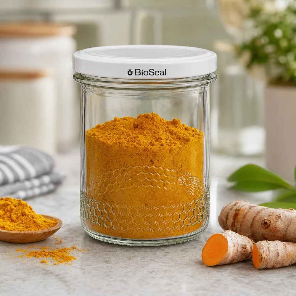 Vasetto per miele da 560 g con capsula bianca BioSeal UNiTWIST Il barattolo di miele da 400 ml riempito di curcuma mostra l'uso pratico del coperchio BioSeal per le spezie e gli alimenti da cucina.