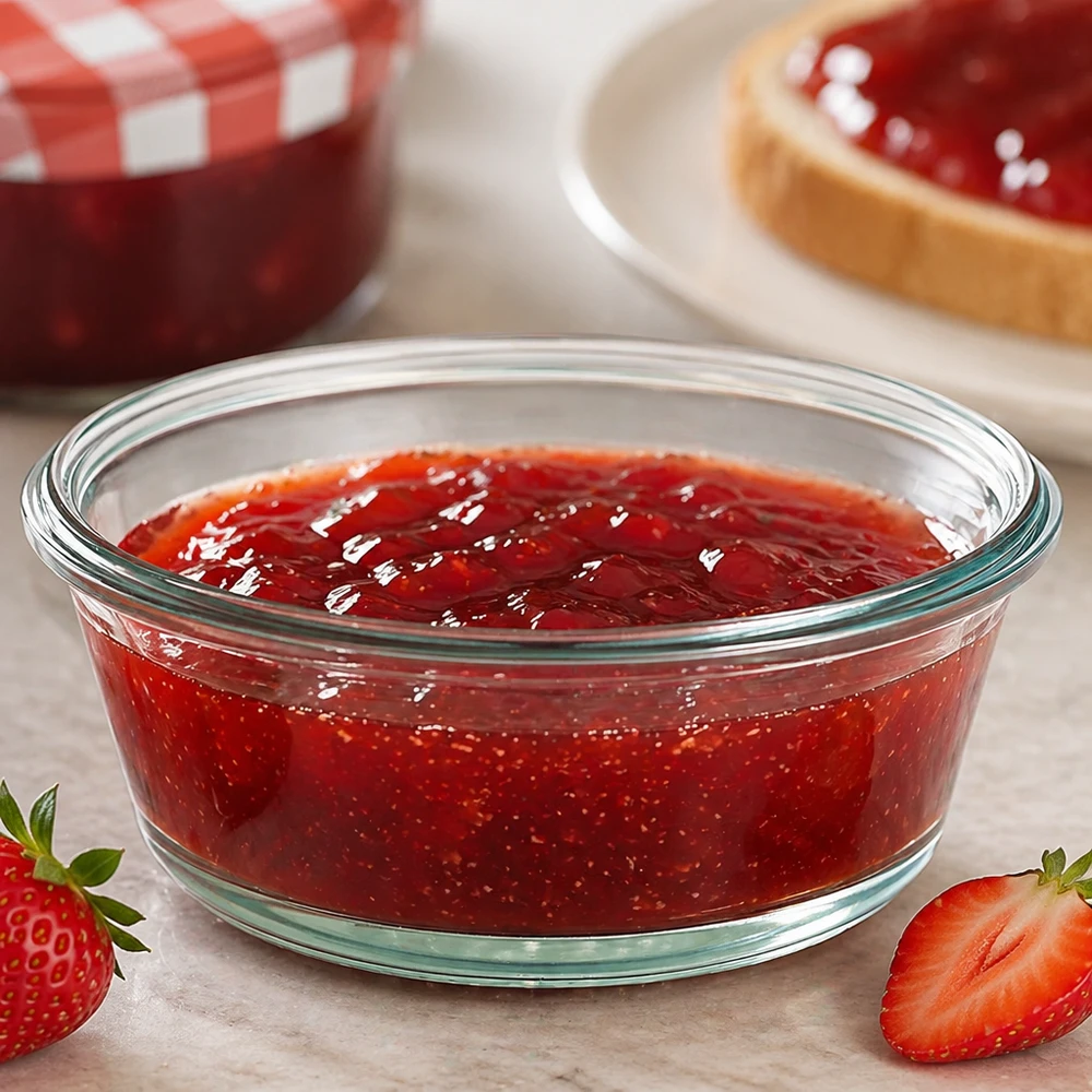 Barattolo da 300 ml WECK RR120 WECK RR120 Barattolo gourmet da 300 ml riempito di marmellata rossa mostra l'uso come barattolo di marmellata con fragole