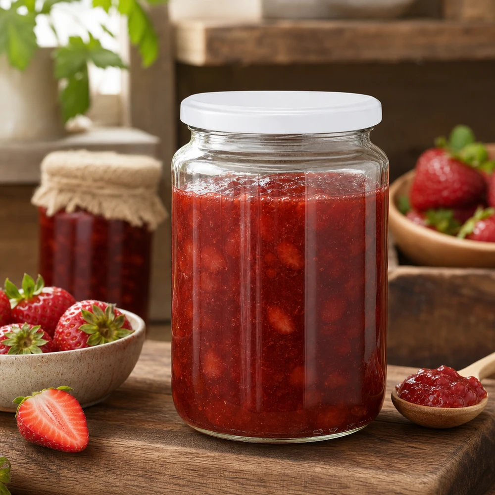 Barattolo rotondo da 795 ml con coperchio BasicSeal bianco UNiTWIST Barattolo rotondo UNiTWIST da 795 ml riempito con marmellata di fragole, ideale per marmellate e conserve fatte in casa.