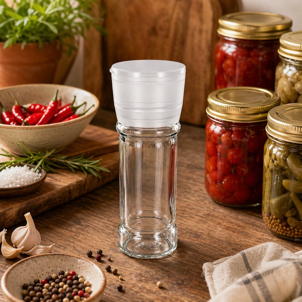 Barattolo per sale/spezie da 100 ml con macinino Vario bianco Bicchiere da sale da 100 ml con macinino Vario bianco accanto a pomodori sott’olio e spezie su un tavolo di legno