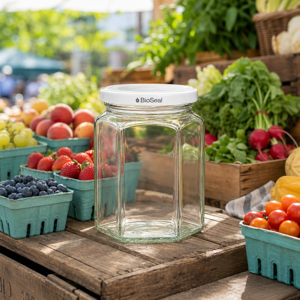 UNiTWIST Hexa288 con coperchio bianco TO63 BioSeal UNiTWIST Hexa288 barattolo vuoto con coperchio bianco TO63 BioSeal su bancarella tra frutta e verdura fresca