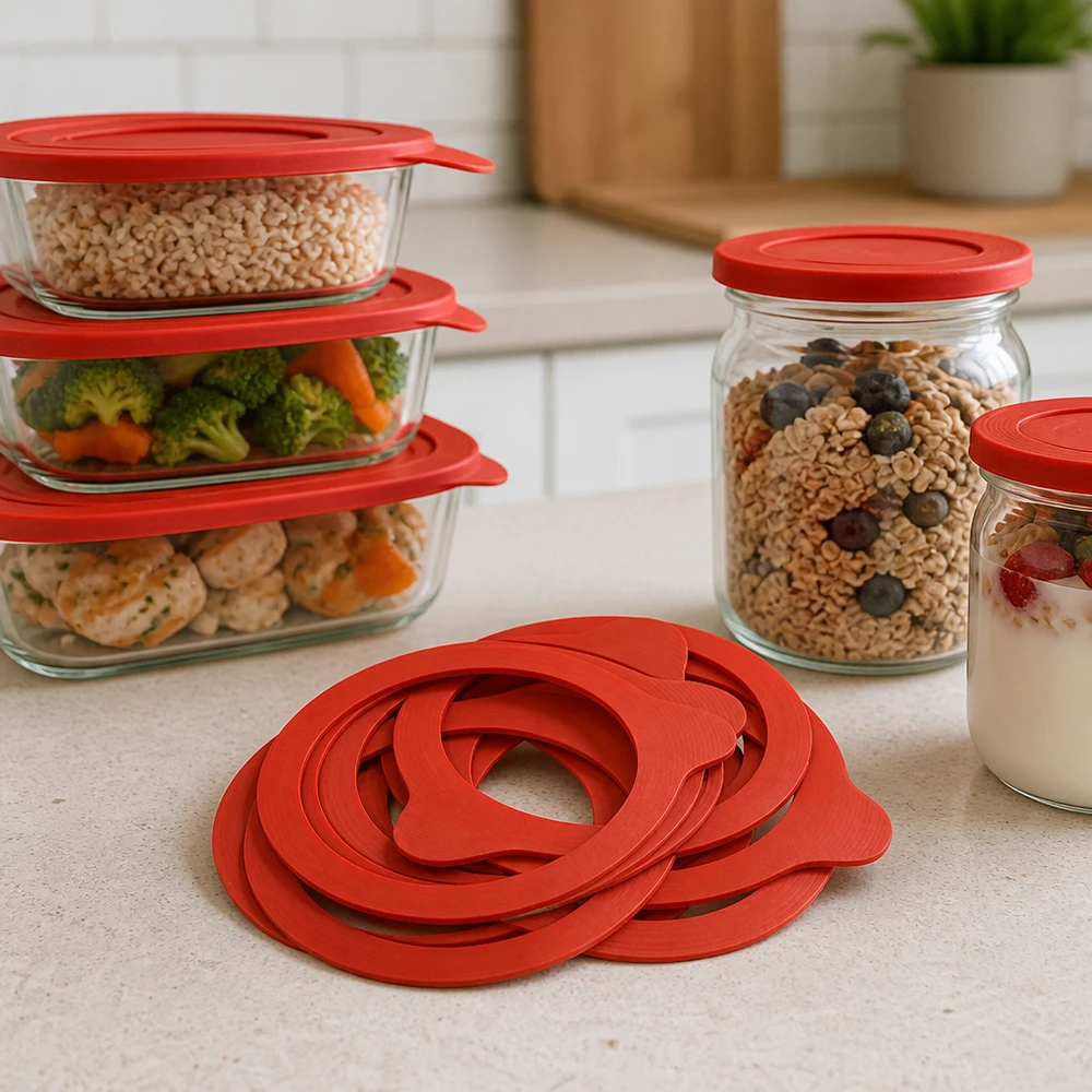 Anello di conservazione RR80 in gomma naturale rossa diversi anelli sul piano di lavoro della cucina con barattoli di stoccaggio Muesli verdure Meal Prep
