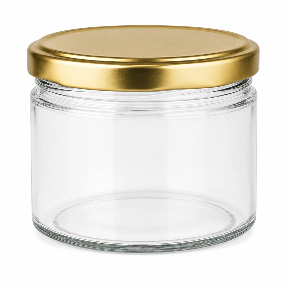 Barattolo rotondo da 540 ml con coperchio BasicSeal oro UNiTWIST Barattolo rotondo da 540 ml vuoto con coperchio BasicSeal UNiTWIST oro su sfondo bianco