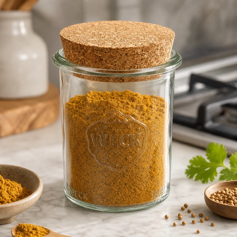 Bicchieri da 160 ml WECK RR60 con tappo in sughero naturale Barattolo WECK da 160 ml RR60 con coperchio in sughero pieno di curcuma in polvere e spezie su piano di lavoro in marmo