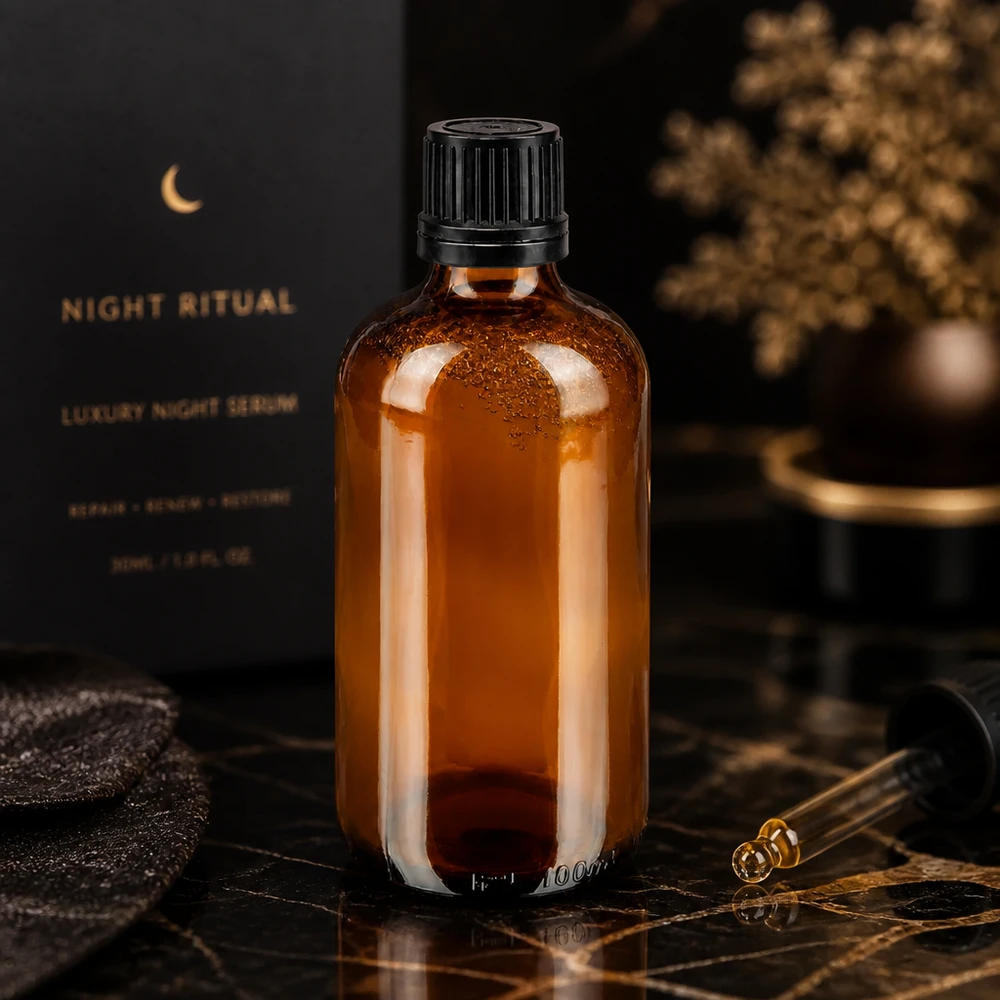 Flacone da 100 ml in vetro ambrato con confezione esterna nera e contagocce, accanto alla confezione del siero Luxury Night Ritual