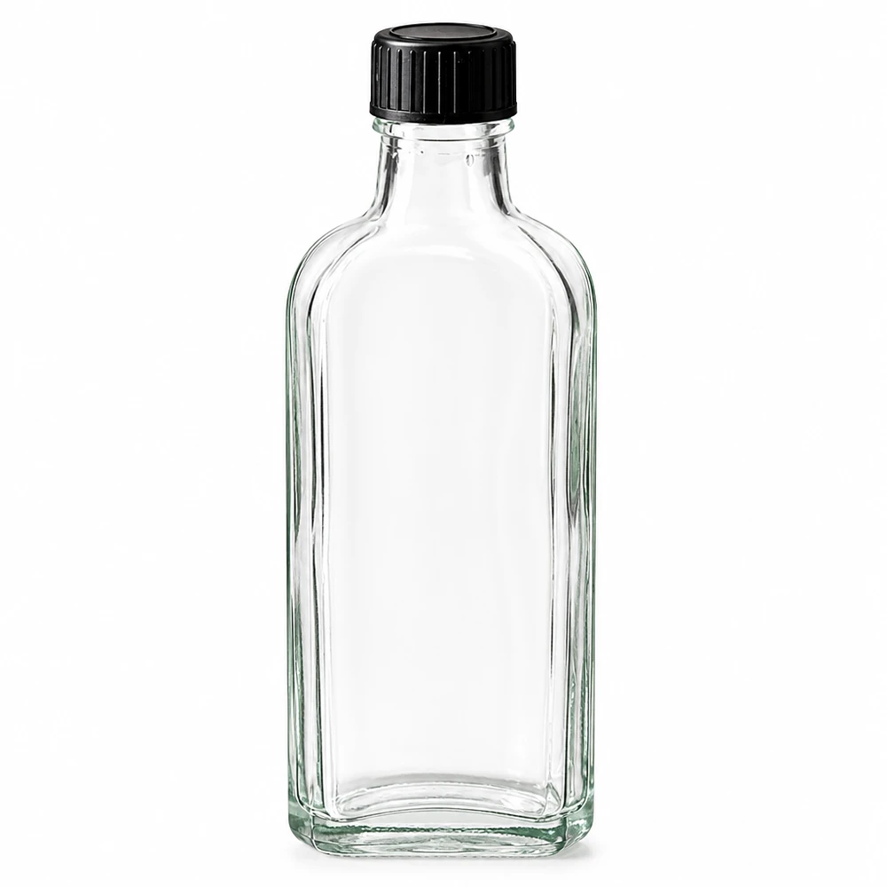 100 ml Tappo a vite trasparente Meplat con disco di tenuta LKD Flacone in vetro Meplat da 100 ml trasparente con tappo a vite nero e guarnizione LKD