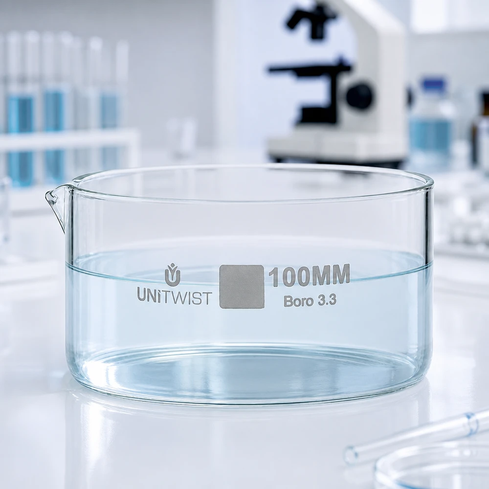 Piatto per cristallizzazione ø100mm in vetro borosilicato UNiTWIST Vaschetta di cristallizzazione ø100 mm UNiTWIST in vetro borosilicato, vuota, su piano di lavoro bianco da laboratorio, sfondo al microscopio