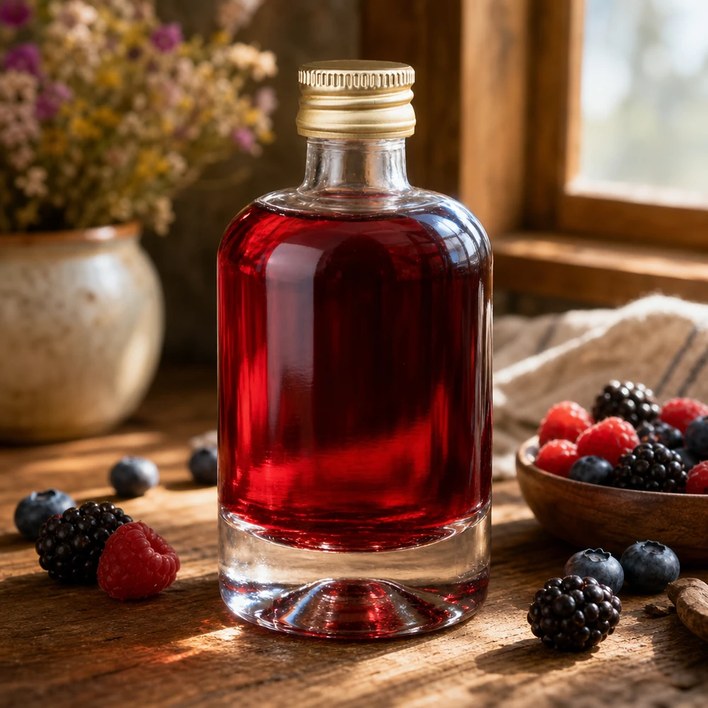 Bottiglia di vetro da 40 ml di Sara riempita di liquore ai frutti rossi - tappo dorato UNiTWIST circondato da frutti di bosco freschi