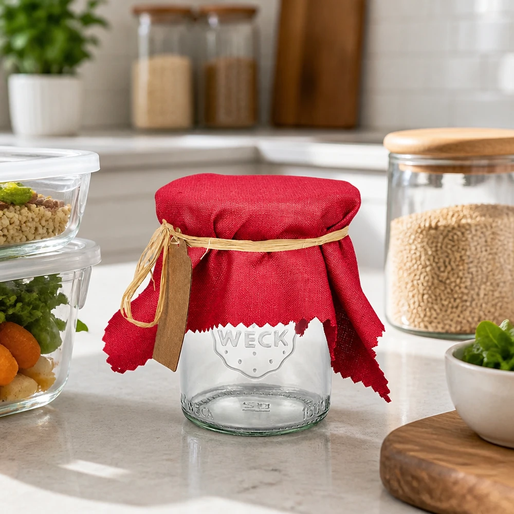 Centrino decorativo in tessuto rosso bordeaux 15 cm su vaso WECK in cucina moderna tra vasi e contenitori per spezie