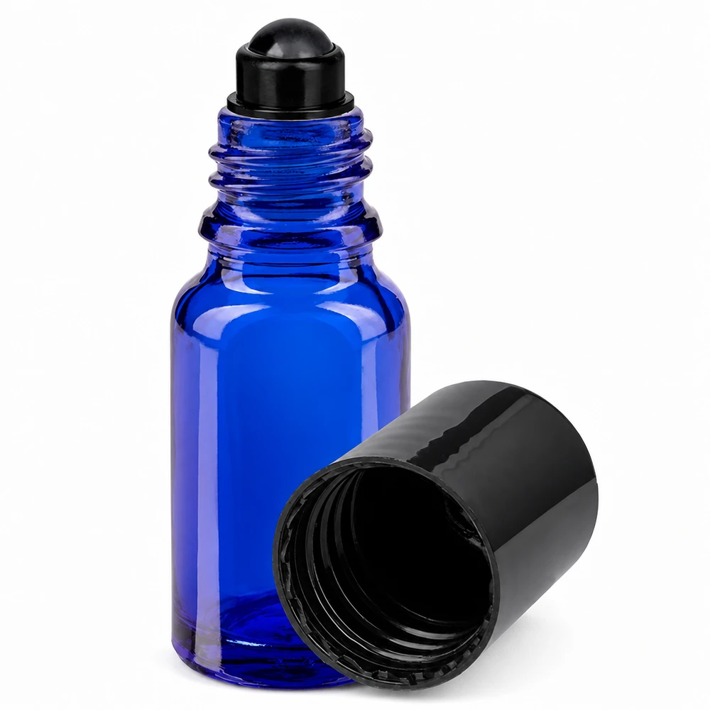 Flacone roll-on 10ml blu STD nero ApoGlas Flacone roll-on blu da 10 ml in vetro da farmacia con testina a sfera nera e tappo a vite