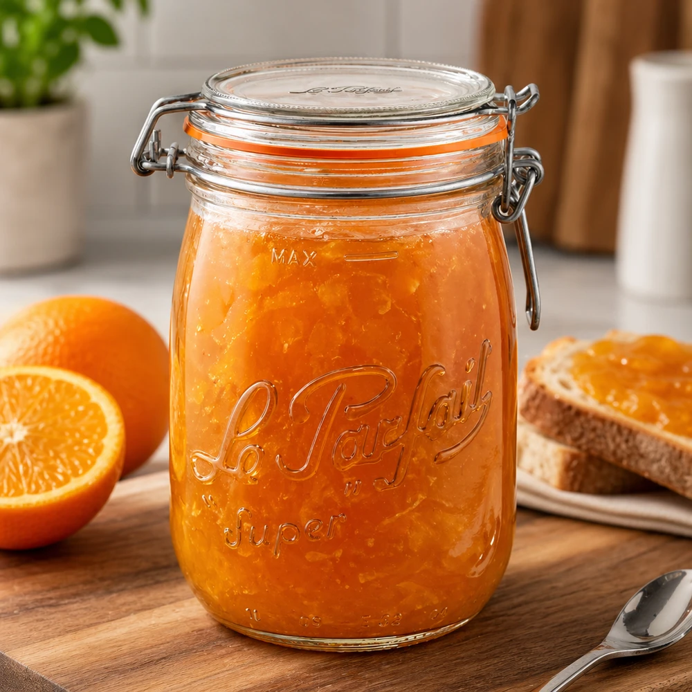 Barattolo Le Parfait Super da 1000 ml con tappo girevole riempito di marmellata di arance su tavoletta di legno con arance