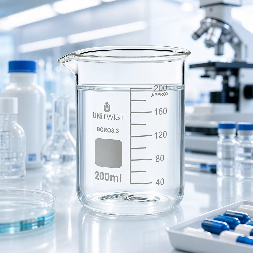 Vaso di vetro UNiTWIST da 200 ml in borosilicato, forma bassa, in un laboratorio professionale con microscopio
