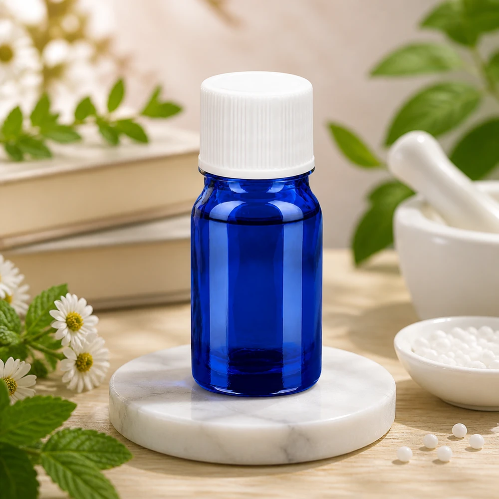 Bottiglia da 5ml 11mm SV bianco STD BlueLine UT18/5 Elegante flacone blu da 5 ml con tappo a vite bianco da 11 mm disposto in modo decorativo su una base di marmo