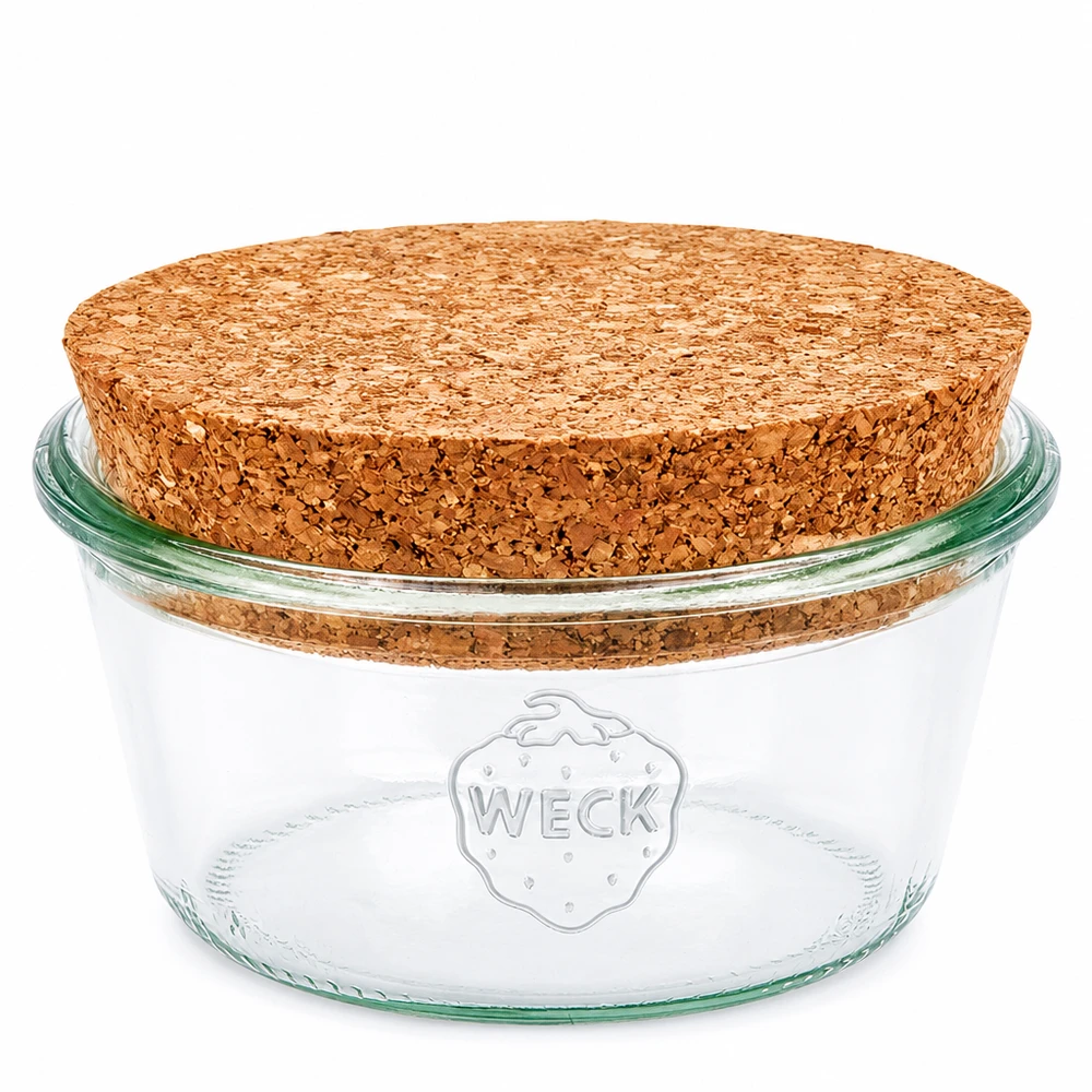 Vaso basso da 290 ml WECK RR100 con sughero naturale Vaso in muratura WECK RR100 da 290 ml con tappo in sughero naturale Vaso da conserva di forma bassa per la conservazione