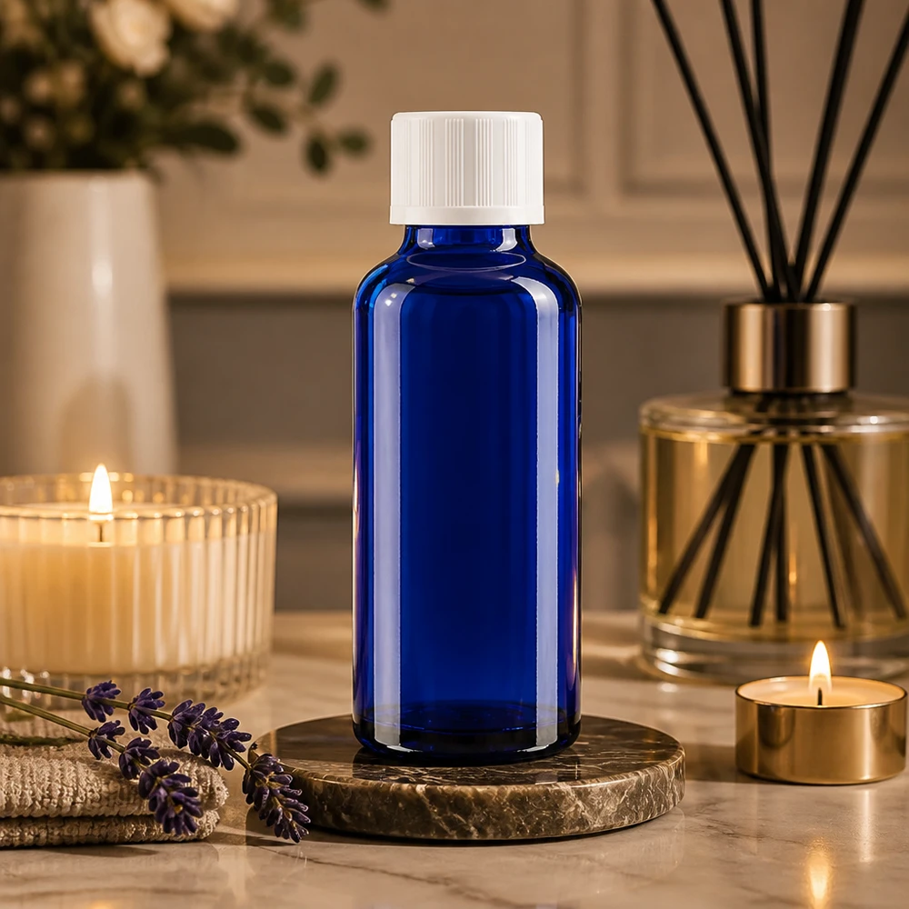Flacone per aromaterapia da 30 ml in vetro blu con tappo bianco a prova di bambino e contagocce di precisione da 1,2 mm