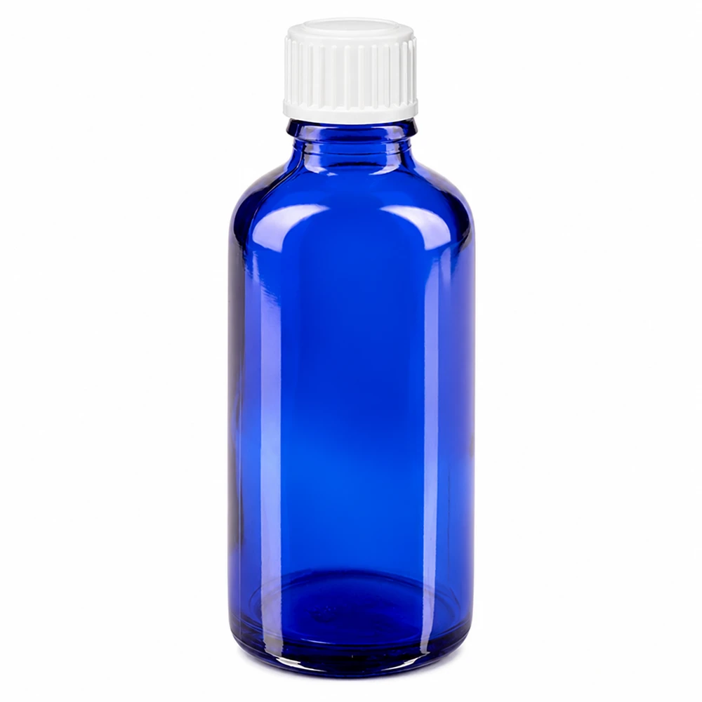 Bottiglia da farmacia blu da 50ml. SV STD bianco/11mm ApoGlas Flacone da farmacia in vetro blu da 50 ml con tappo a vite bianco da 11 mm