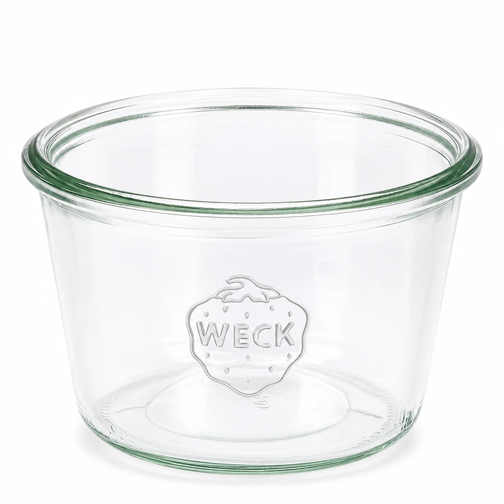 Bicchieri WECK da 370 ml RR100 trasparenti con bordo verde e logo WECK in rilievo per conserve e gastronomia