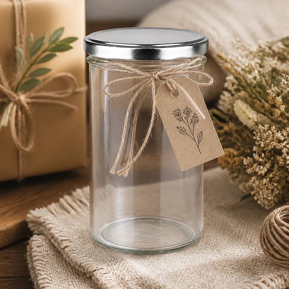 Bicchieri da 277 ml con coperchio BasicSeal argento UN.. Bicchieri da 277 ml con coperchio BasicSeal in argento con etichetta regalo e materiali naturali.