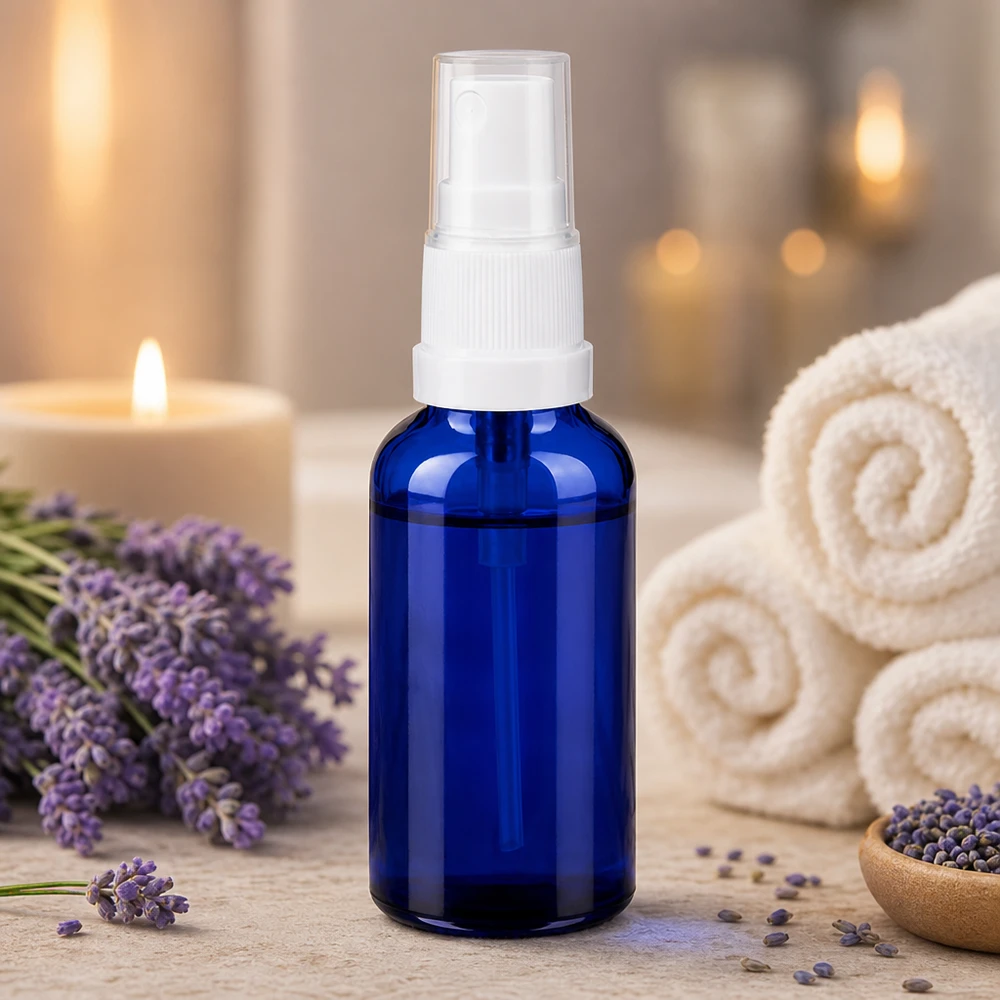 Flacone spray da 30 ml bianco/trasparente STD BlueLine UT18/30 Elegante flacone spray trasparente da 30 ml con nebulizzatore bianco per il benessere