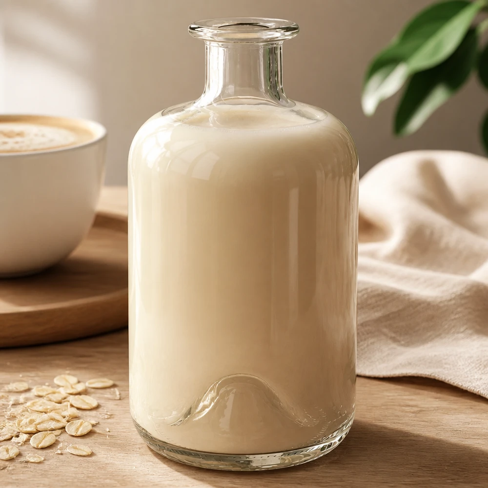 Bottiglia di Luna da 500 ml riempita di latte d'avena cremoso accanto a una tazza da caffè e a fiocchi d'avena su un tavolo di legno