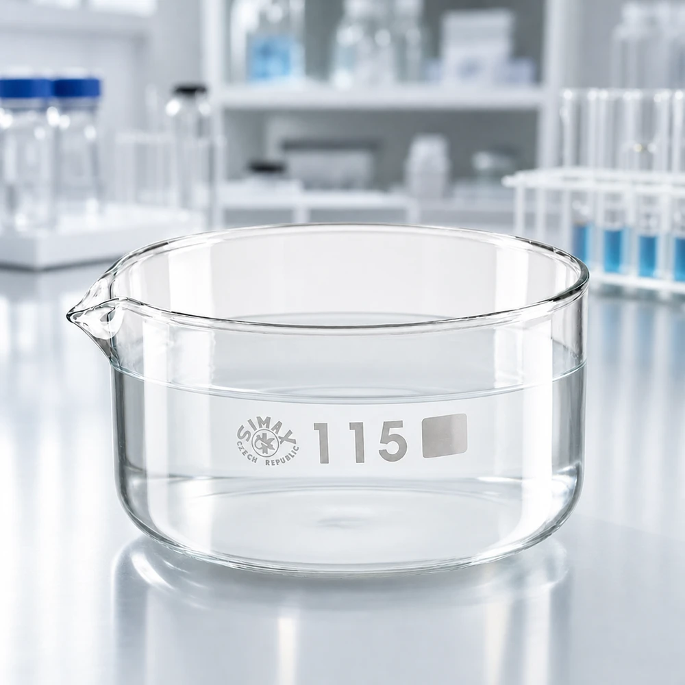 Piatto per cristallizzazione da 500ml con beccuccio Bo.. ø115mm Ciotola trasparente per cristallizzazione da 500 ml SIMAX Repubblica Ceca, vetro borosilicato, forma cilindrica, ø 115 mm