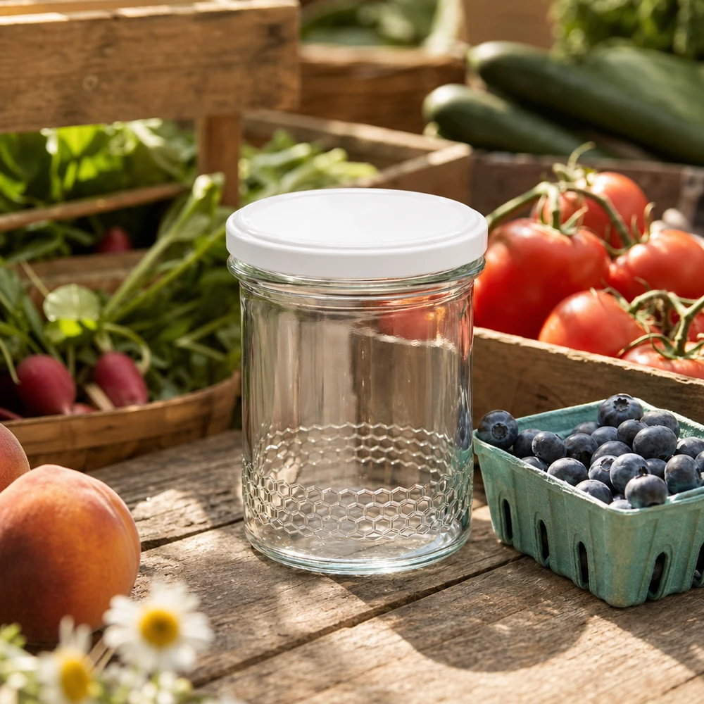 Vasetto per miele da 560 g con capsula bianca BasicSeal UNiTWIST Vasetto di miele da 400 ml con coperchio bianco su tavolo di legno tra frutta fresca mirtilli pomodori scena all'aperto