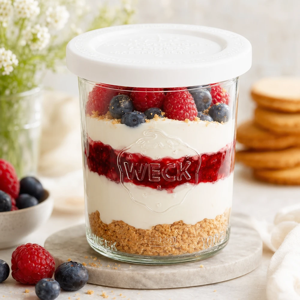 WECK 160ml RR60 tumbler con dessert a strati di yogurt, frutti di bosco e briciole di biscotto - perfetto come barattolo da dessert