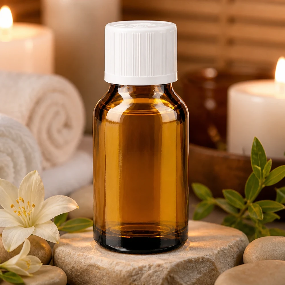 Bottiglia da farmacia marrone da 30ml. SV STD KiSi bianco/11mm ApoGlas Piccolo flacone da farmacia marrone da 30 ml con tappo di sicurezza per bambini bianco, appoggiato su pietre per il benessere