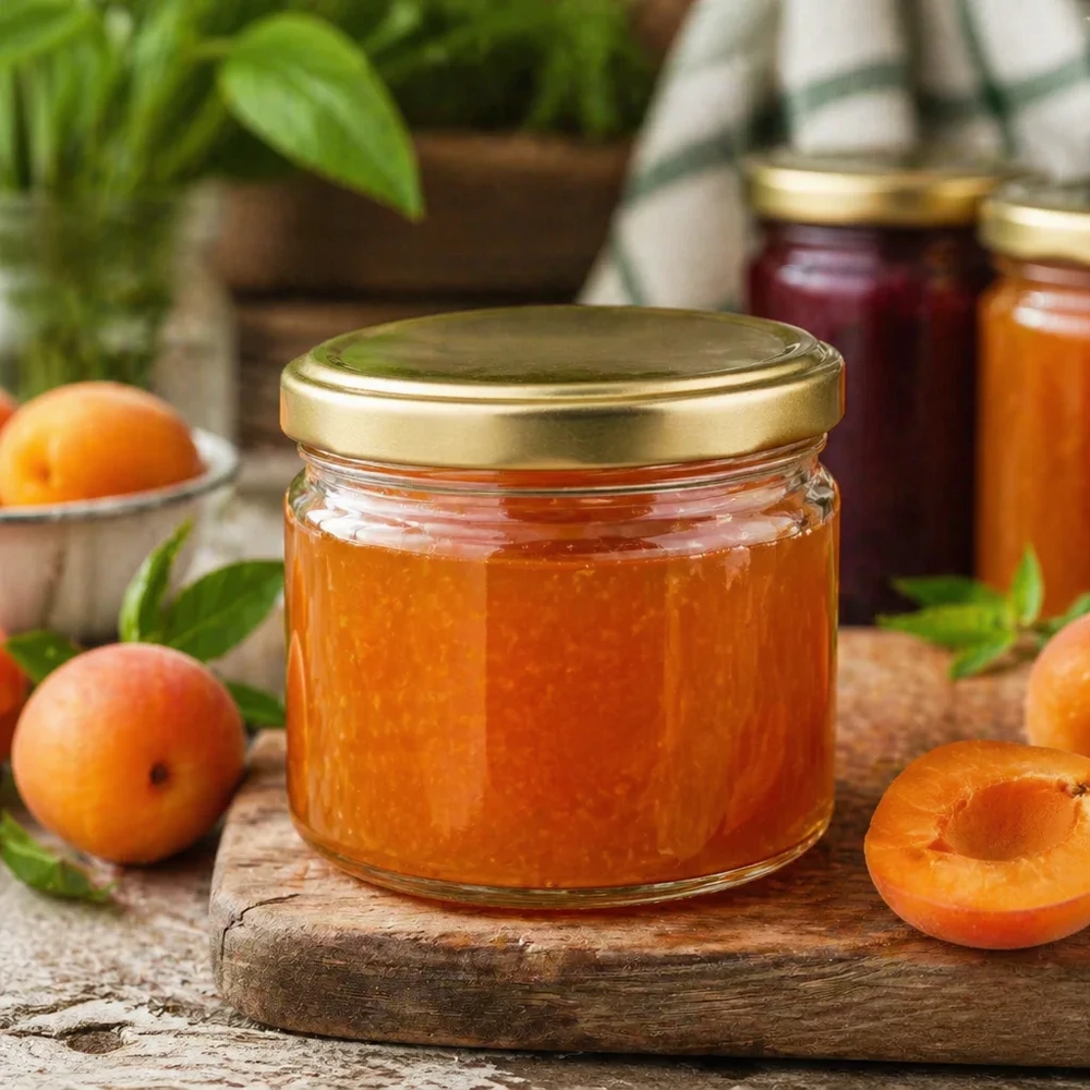 Vasetto per miele da 700 g con capsula dorata BasicSeal UNiTWIST Vasetto di miele BasicSeal da 700 g con coperchio dorato riempito di marmellata di albicocche accanto ad albicocche fresche su una tavola di legno