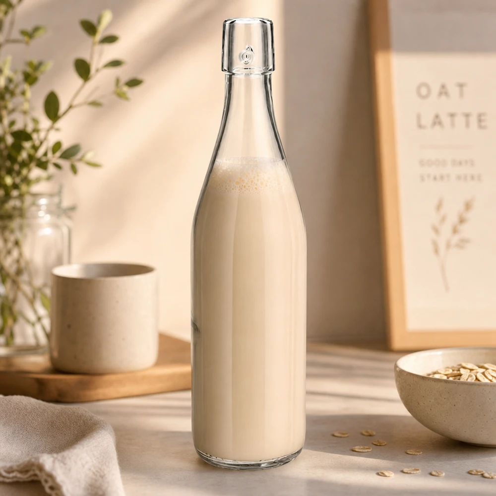 Bottiglia in vetro da 500 ml senza tappo UNiTWIST Bottiglia in vetro UNiTWIST da 500 ml riempita di latte d'avena in una cucina naturale con fiocchi d'avena come scena di vita sana