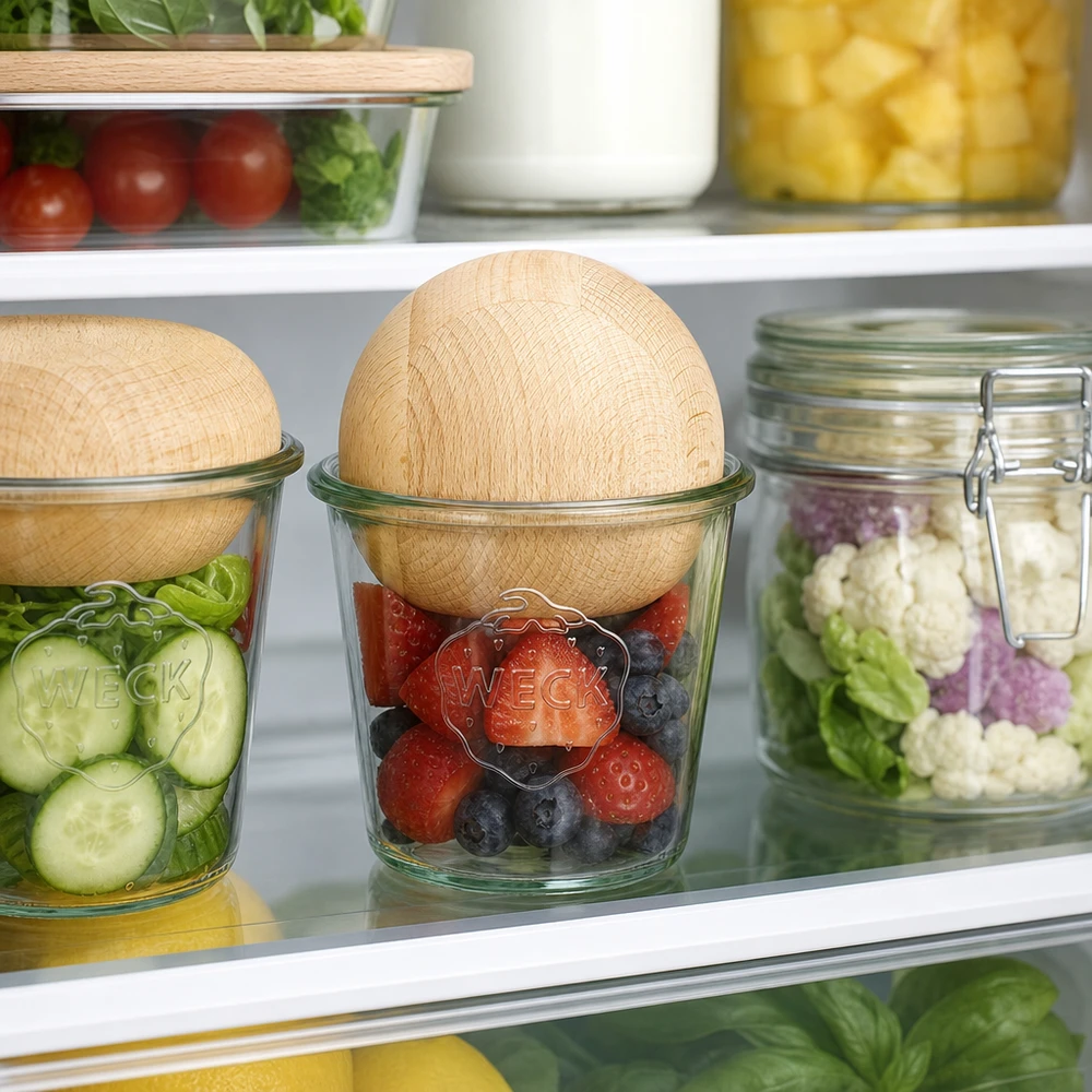 Bicchieri da 580 ml WECK RR100 con sfera di legno in faggio WECK Sturzglas RR100 580ml mit Buchenholzkugel zur Frischehaltung von Beeren und Gemüse im Kühlschrank