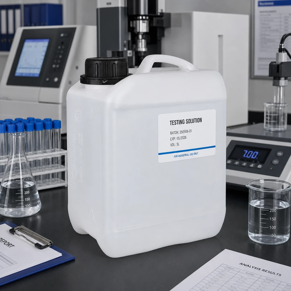 Contenitore rettangolare in HDPE da 2,5 litri con etichetta “Soluzione di prova” sul banco da lavoro del laboratorio