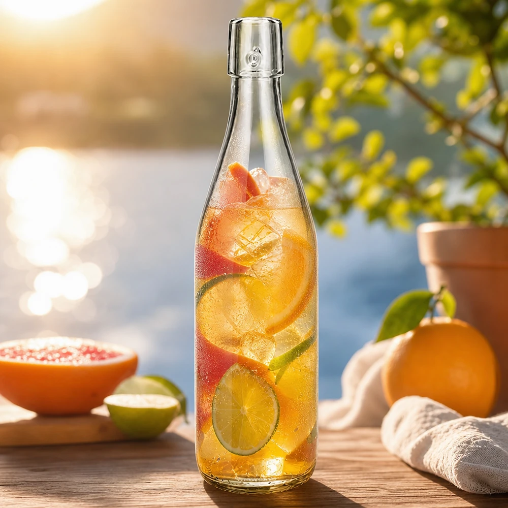 Bottiglia in vetro da 500 ml senza tappo UNiTWIST Bottiglia in vetro UNiTWIST da 500 ml con tè freddo e frutta per rinfrescarsi all'aperto con gli agrumi.